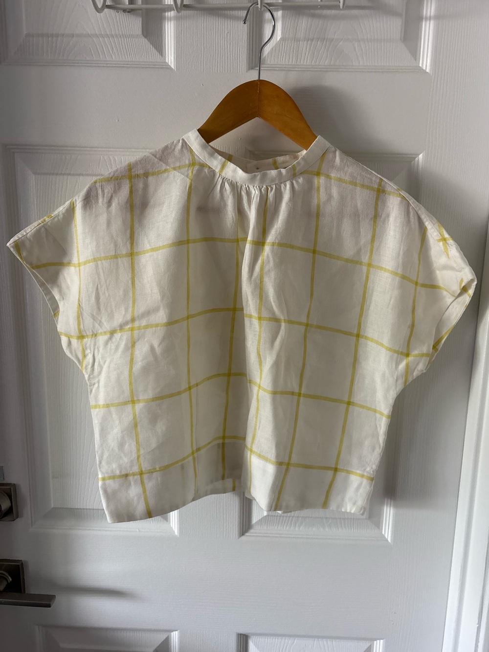 Everlane White Linen Short-Sleeve Top with Yellow Windowpane Size 2 - Picture 2 of 6